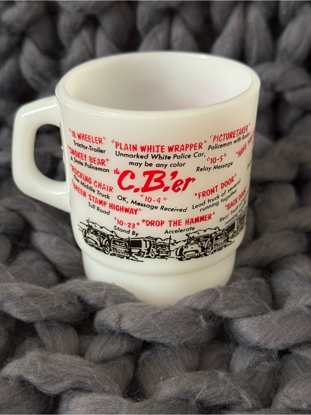 VINTAGE FIRE KING MILK GLASS COFFEE MUG TRUCK DRIVER CB RADIO TRUCKER CONVOY
